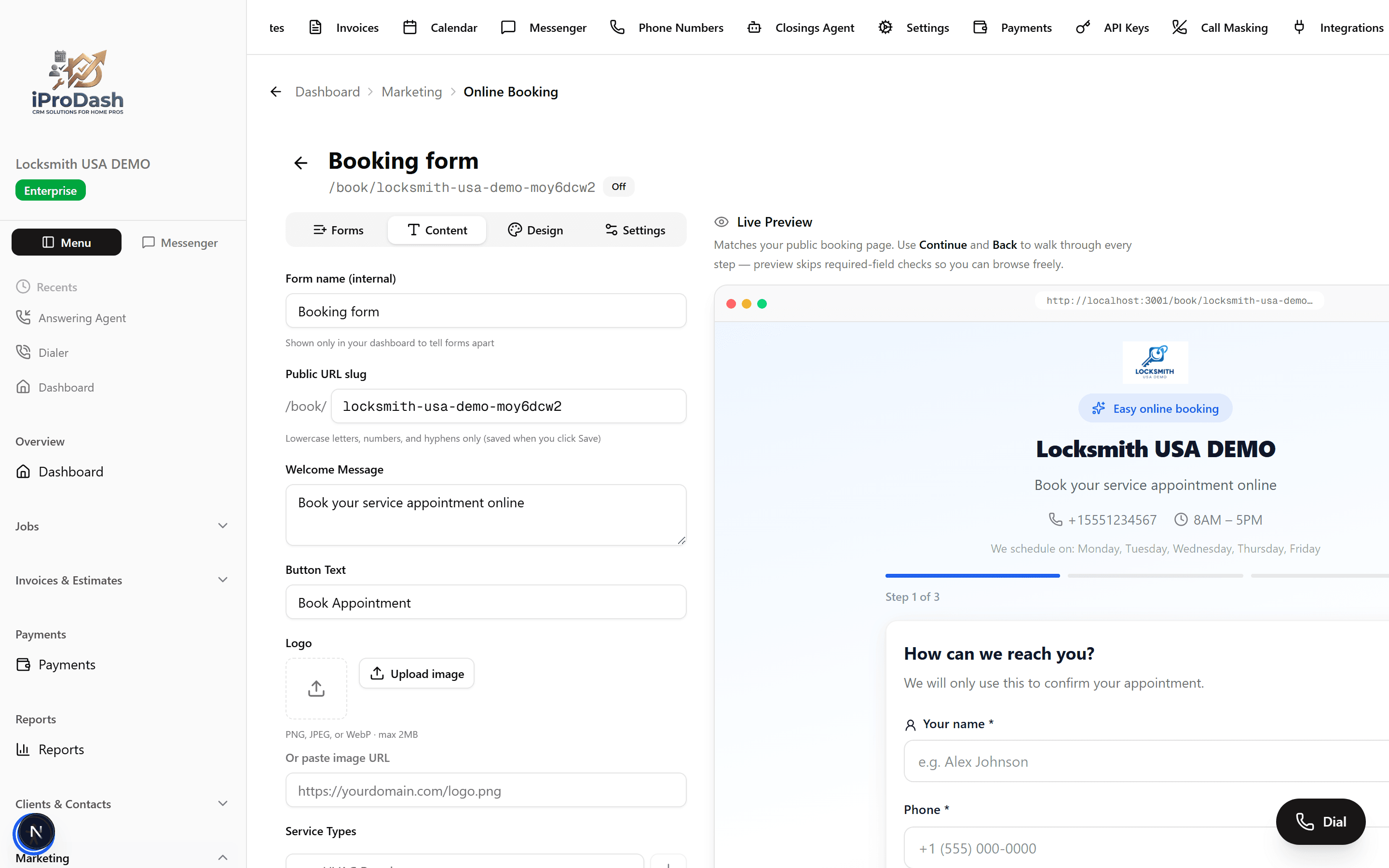 iProDash Booking Builder screenshot
