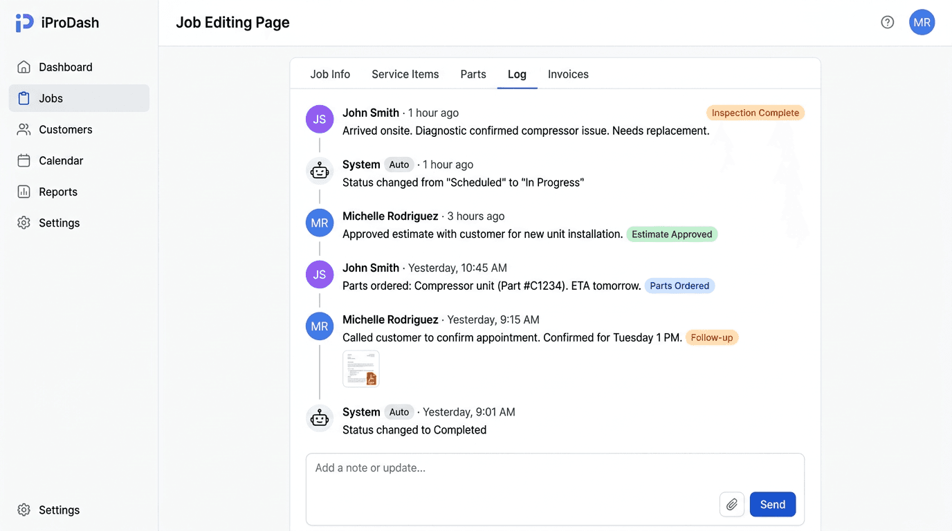 iProDash Job Log screenshot